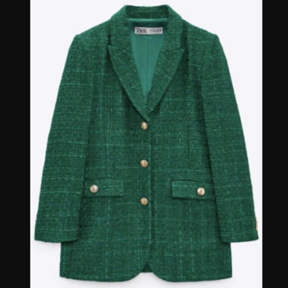 NWT ZARA Green Buttoned Textured Tweed Blazer XXL - Picture 1 of 15